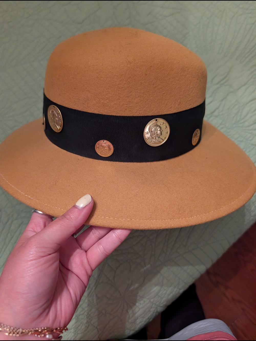 Wool Camel Felt Fedora with Black Band and Gold Coin Details